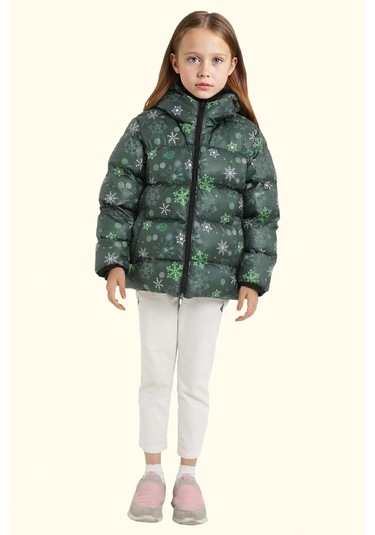 Kız Çocuk Pusula Desen Polar Su Ve Rüzgar Geçirmez Kapüşonlu Şişme Kışlık Mont Yeşil