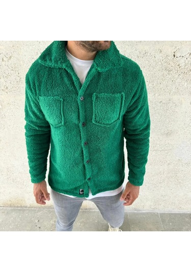 Erkek Pelüş Polar Hırka Gömlek Yakalı, İlik Düğmeli, Göğüs Cepli, Yumuşak Dokulu Kışlık Regular Fi Çimen Yeşili