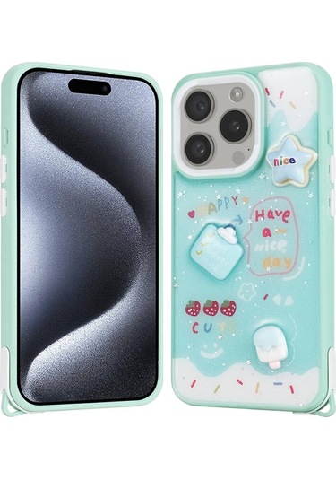 iPhone Uyumlu 15 Pro Kılıf Parlayan Simli Kabartma Figürlü Cevze Kapak