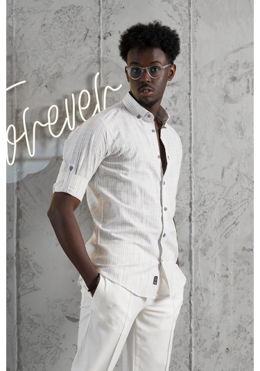 Advante İnce Çizgili Yaka Düğmeli Katlamalı Kol Pamuklu Slimfit Yazlık Keten Gömlek Gri