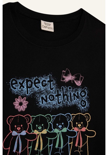 Defacto Kız Çocuk Bisiklet Yaka Baskılı Kısa Kollu Tişört E0350a825smbk81 Siyah