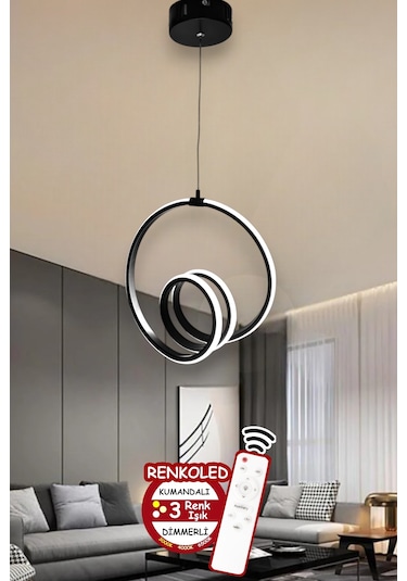 Kumandalı 3 Renk Işıklı Modern Sarkıt Led Avize Ledli Avize Antre Siyah