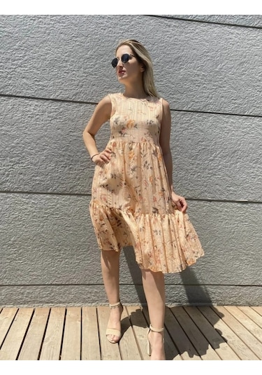 Meissa Fashion Bisiklet Yaka Elbise Çiçekli Askılı Yazlık