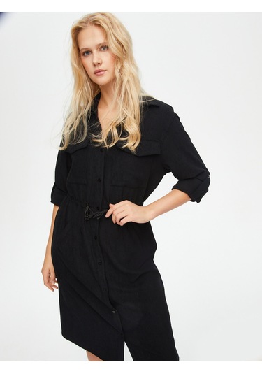 Kendinden Dokulu Şönil Gömlek Elbise 69228 U6922810 Siyah