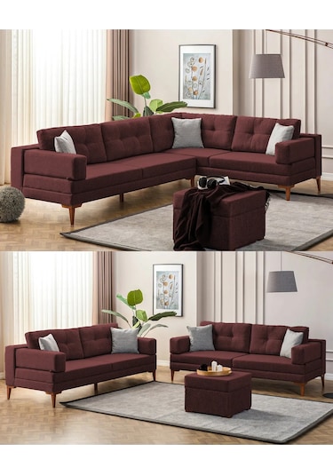 Zeri Yataklı Puzzle Modüler Köşe Koltuk Takımı & Puflu Köşe Takımı - Bordo-173 Bordo