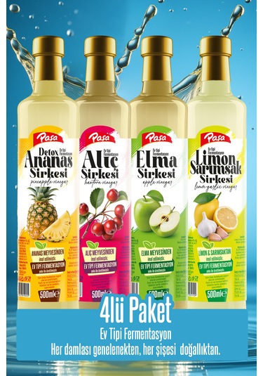 Paşa Premium 4 Lü Sirke Seti Detoks Ananas, Elma, Alıç Ve Limon Sarımsak Sirkesi