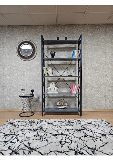 Siyah Boyalı Kitaplık - 5 Raflı Suntalem Lüks Kitaplık Aris Gri Çok Renkli