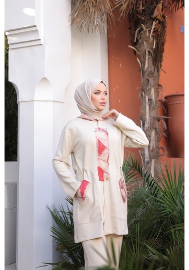 Tesettür Eşofman Takımı Fermuarlı Ikili Takım Kapüşonlu Krem 475 Krem