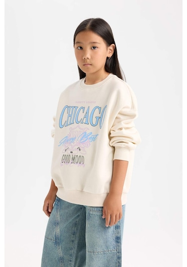 DeFacto Kız Çocuk Relax Fit Bisiklet Yaka Baskılı Sweatshirt D7046A824WNER99 Ekru