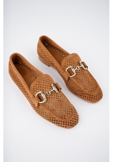 Muggo Phuket Garantili Metal Tokalı Lazerli Nefes Alabilen Deri Kadın Loafer Günlük Ayakkabı Taba