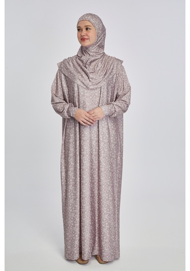 Pratik Tek Parça Çiçek Desenli Namaz Elbisesi Bej