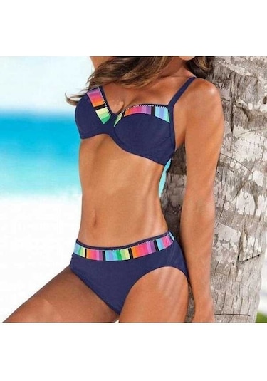 Novahub Yeni Yaz Kadın Bikini Seti Colorblock Yüksek Bel Rahat Mayo Mavi Beachwear Kadın İç Giyim Mavi