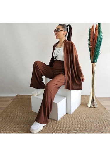 İpli Kahverengi Cep Detaylı Bol Paça Kimono Takım Kahverengi