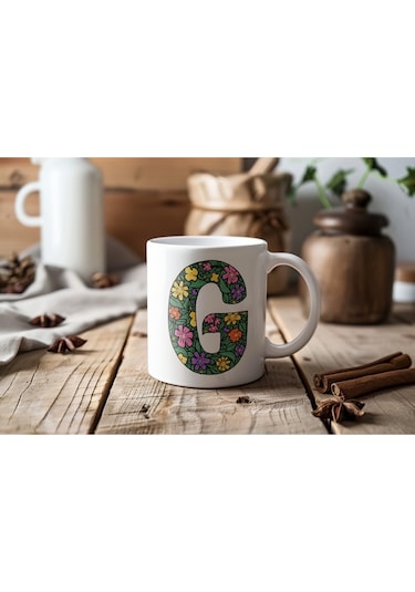 G Baş Harf Çiçek Desenleri İle Natural Tarz Kupa Bardak - Kişiye Özel Çiçekli Kahve Çay Bardak - Beyaz