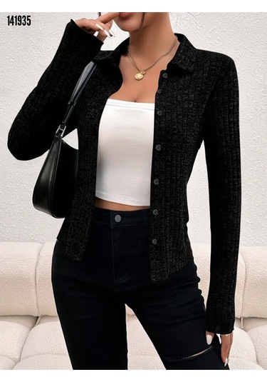 Yeni Sezon Kadın Yakalı Düğmeli Uzun Kollu Kısa Triko Ceket Siyah