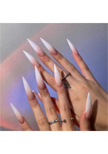 Qingmipy 24 Adet Uzun Uçlu Beyaz Degrade Tırnak Ekleri - Jöle İle Gönderim