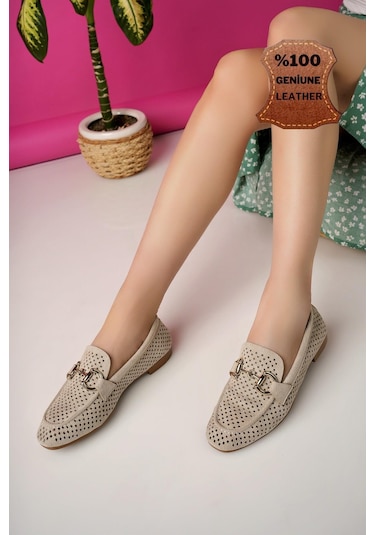 Muggo Phuket Garantili Metal Tokalı Lazerli Nefes Alabilen Deri Kadın Loafer Günlük Ayakkabı Bej