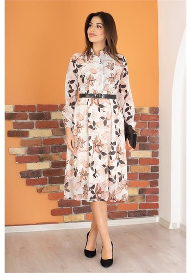 Neşeli Butik Kadın Bej Gömlek Yaka Kemerli Çiçek Desenli Şifon Elbise Ry0031 Bej