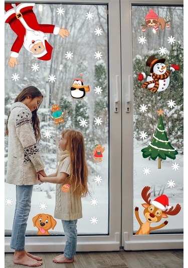 Yılbaşı Sticker Noel Baba Yılbaşı Ağacı Penguen ve Kar Taneleri Temalı