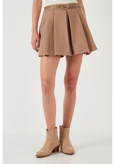 Lela Streç Standart Fit Pileli Kışlık Mini Bayan Şort Etek 611Sr00016 Taş