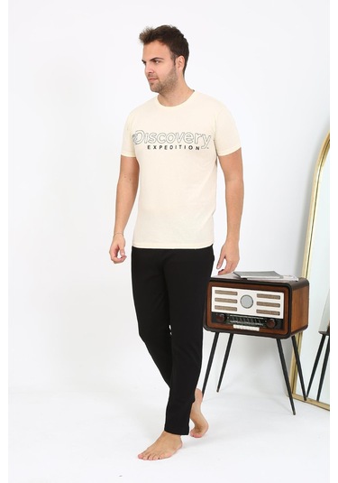 Akbeniz Erkek Kısa Kol Penye Pijama Takımı 6866 Krem Krem