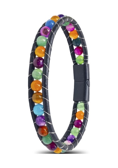 Çakra Akik Taşlı Deri Kordon Çelik Bileklik Csr1180001 Çok Renkli