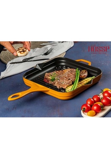 Hosse Hskgtv 2828 Kare Grill Döküm Tava 28x28 Cm Yardımcı Kulplu Sarı Sarı