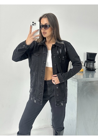 Blue Marlin Kadın Siyah Lazer Yirtik Detayli Boyfriend Kot Ceket Siyah