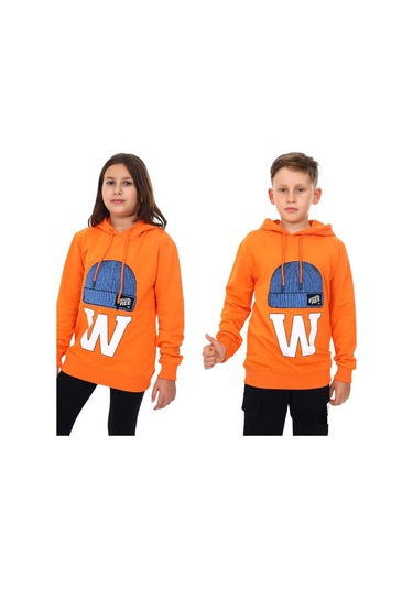 Çocuk Bere Baskılı Ve İşlemeli Kapüşonlu Sweatshirt-13410-turuncu Turuncu