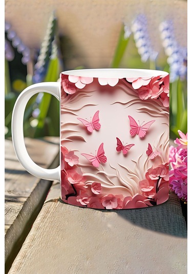 3d Görünümlü Pembe Çiçek Ve Kelebekler No:24 3d Tasarım Baskılı Kupa Bardak Mug Antik Gümüş