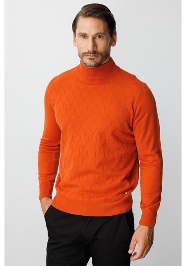 Turuncu Standart Fit Dar Kalıp Yarım Balıkçı Düz Uzun Kollu Triko-10096 Turuncu