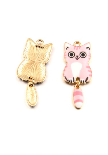 Lemestar Kedi Şekilli Diy Aksesuar Bağlayıcı, Yağ Damlatma Teknolojisi, 7 Renkli Elektroplaj, 16x38mm Pembe Kedi Pendi Pembe