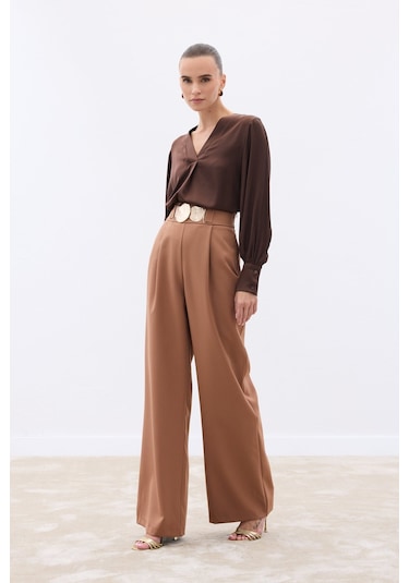 Sateen Aksesuarlı Pantolon - Camel-136562 Camel