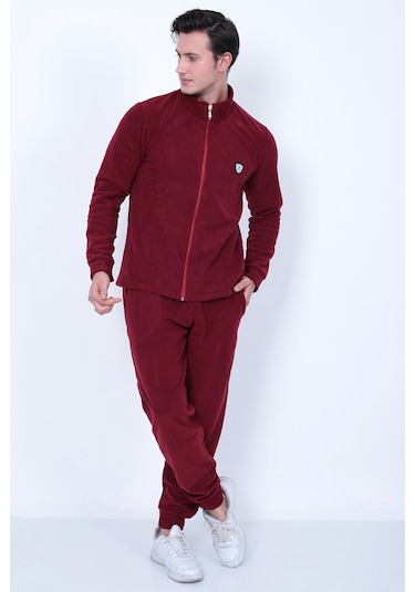 Lukitus Tam Fermuarlı Polar Erkek Eşofman Takımı Bordo