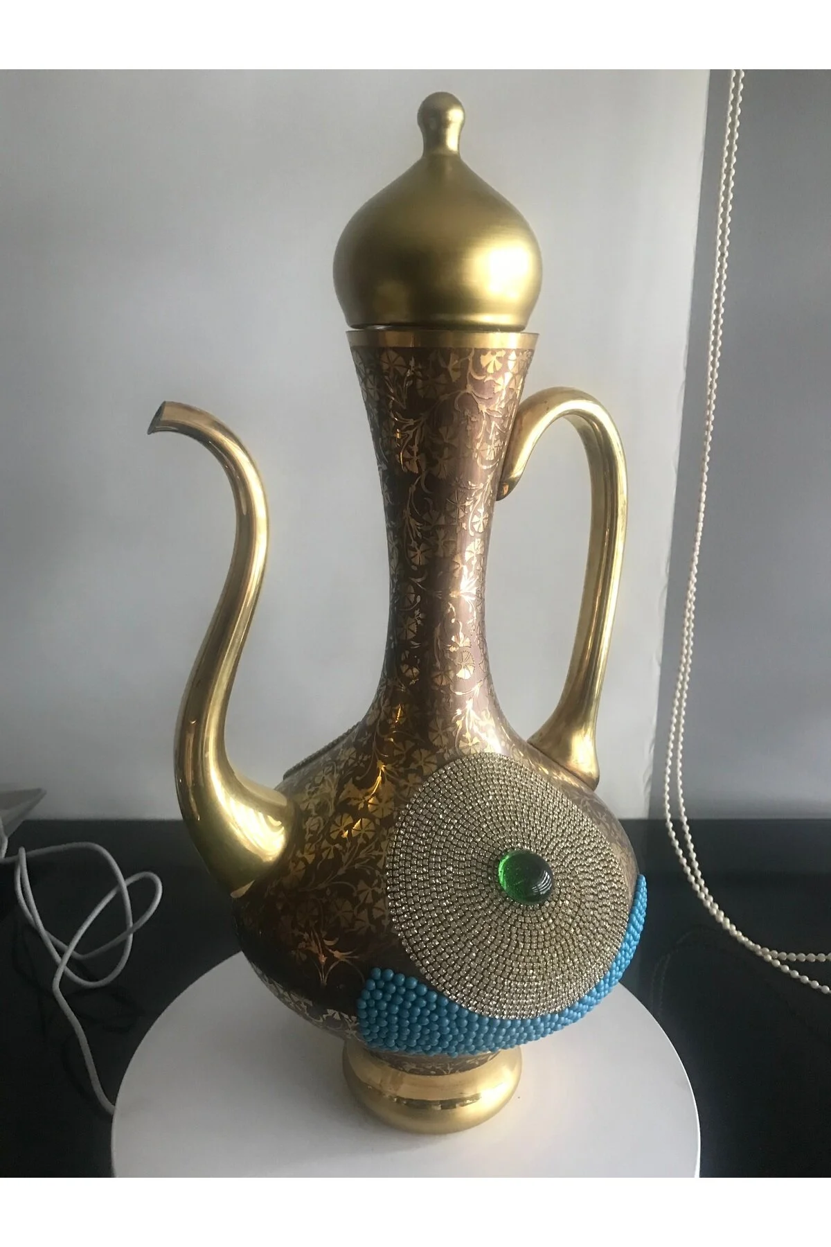 Saraylı Firuze Gold Yaldızlı Cam İbrik Sürahi 34 Cm - Dekoratif Lüks Osmanlı Sunum