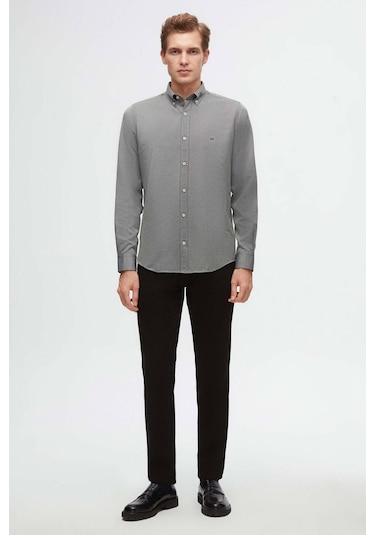 Ds Damat Slim Fit Antrasit Oxford Düğmeli Yaka Kolay Ütülenebilir Nakış Detaylı Pamuklu Gömlek 4HC02ORT03265 Antrasit
