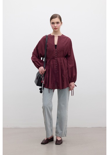 Nervür Detaylı Vual Tunik Bordo Bordo