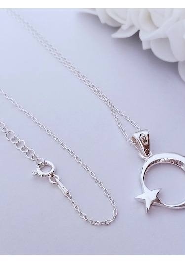 925 Ayar Gümüş Rodyumlu Bayrak Ay Yıldız Tasarım Kadın Kolye