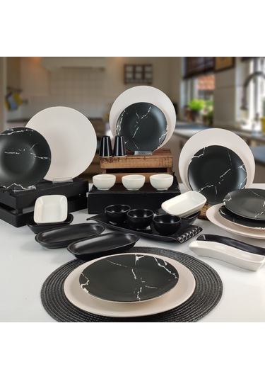 Keramika 29 Parça 6 Kişilik Kahvaltı Takımı Mermer Desenli Krem
