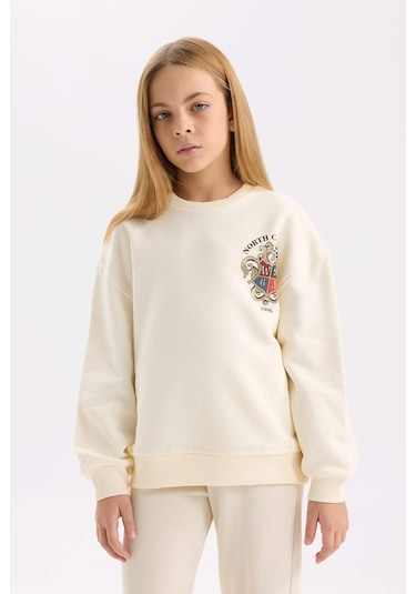 DeFacto Kız Çocuk Relax Fit Bisiklet Yaka Baskılı İçi Yumuşak Tüylü Sweatshirt D4272A824WNER233 Ekru
