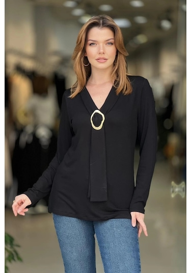 Kravatlı Tokalı Bluz Siyah