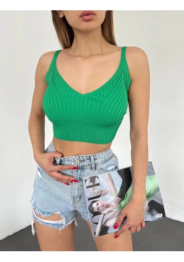 V Yaka Askılı Crop Triko Büstiyer Yeşil - Df2202 Çok Renkli