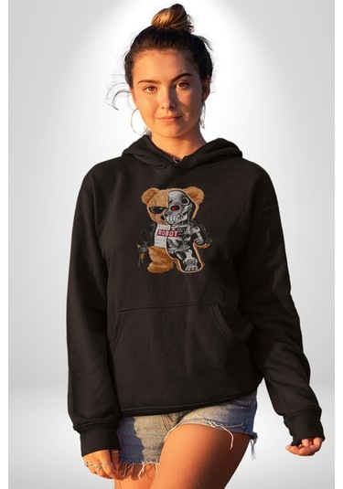 Robot Ayı Güneş Gözlüğü Kadın Erkek Siyah Kapüşonlu Sweatshirt Hoodie Siyah