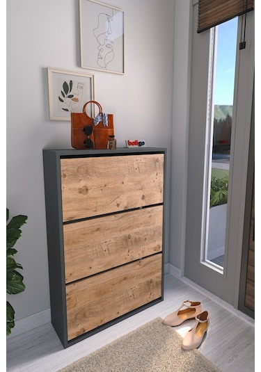 Bofigo Düşer Kapak Ayakkabılık Kayar Raflı Ayakkabılık 3 Bölmeli Ayakkabılık Melek Antrasit-Çam