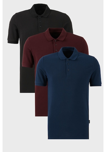 Buratti Pamuklu Regular Fit Düğmeli Polo Yaka 3'Lü Paket Erkek T Shirt 5902127S3 Indigo-Siyah-Vişne