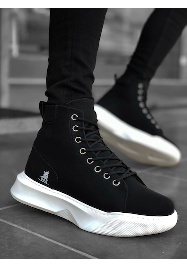 BA0155 Bağcıklı Erkek Yüksek Taban Siyah Beyaz Taban Spor Bot