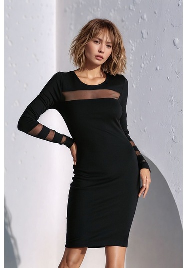 Kadın Kolları Ve Yakası Tasarım Tül Detaylı Uzun Kol Kışlık Şık Elbise Siyah