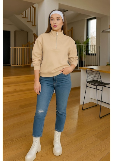 Fashion Friends Fermuarlı Kamyoner Yaka Bej Kadın Sweatshirt 25k0166k1 Bej