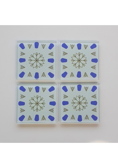 Decorita Cam Bardak Altlığı | Acem Kahveci - Mavi | 4'lü Takım Kırmızı