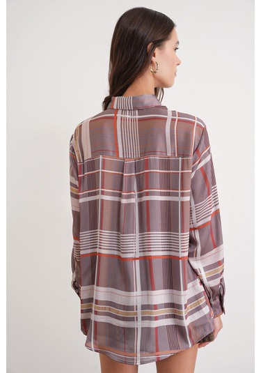 4751 Kadın Ekose İnce Saten Gömlek Bej Bej